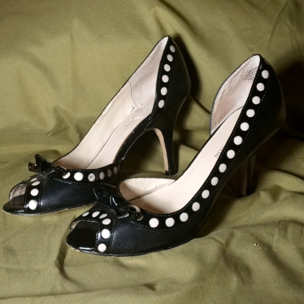 Anne Klein Black leather with white polka dots peek toe stiletto heels. Size 7m.